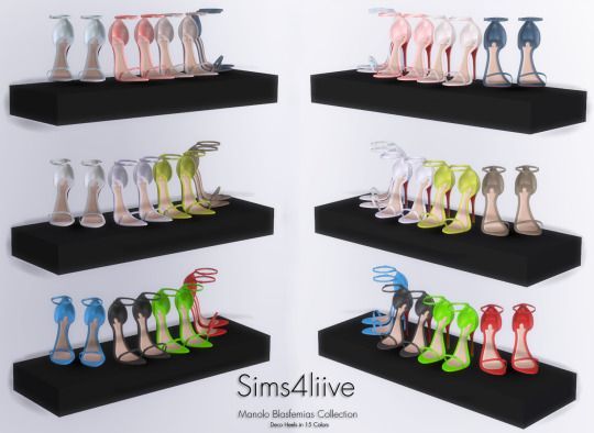 there are four shelves with different colored shoes on them