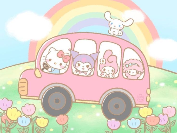 a pink bus with hello kitty and other animals in it