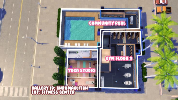 an aerial view of a house with the words community pool on it