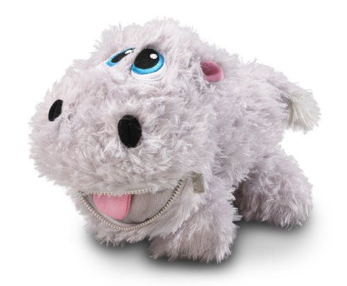 a white stuffed dog with blue eyes and black nose, has its mouth open to the side