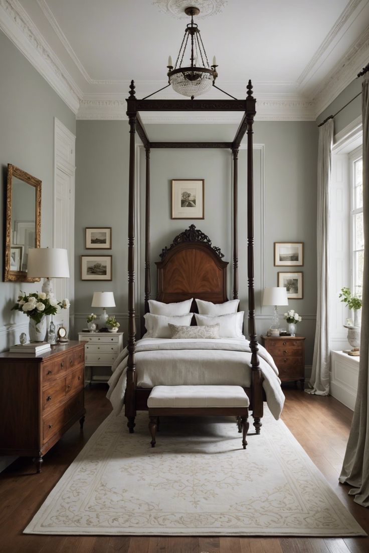 a bedroom with a canopy bed, dressers and two lamps on either side of the bed