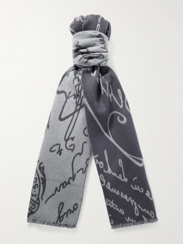 Bring warmth to all your winter ensembles with Berluti's patterned scarf. It's made from a luxuriously soft wool-jacquard that's subtly decorated with the house's 'Scritto' calligraphy. Luxury Elegant Scarf With Paisley Print, Elegant Luxury Merino Wool Scarves, Patterned Scarf, Luxury Classic Plaid Scarves, Mens Cashmere Scarf, Scarf For Men, Black & White Jacquard Scarf, Scarf Men, Patterned Scarves