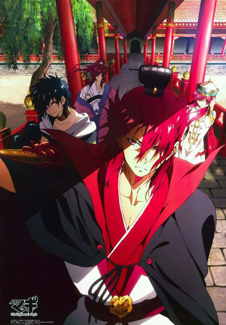 an anime scene with two men and one woman sitting on the ground in front of red pillars