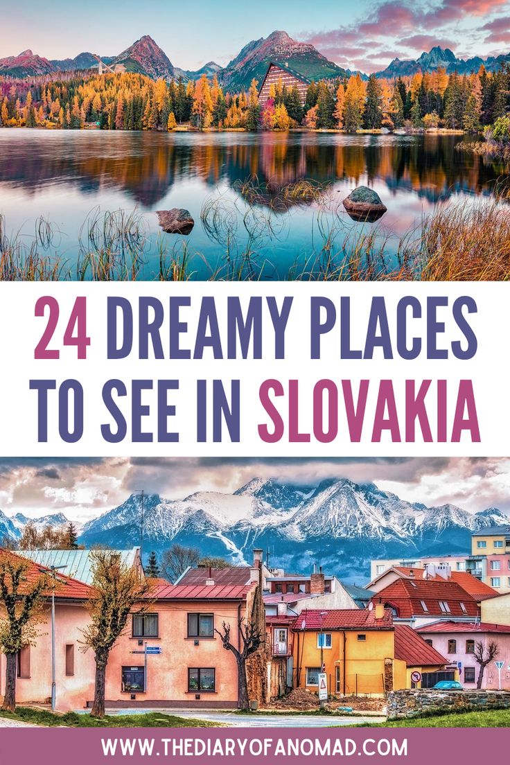 the words, 24 dreamy places to see in slovaka are shown above a lake