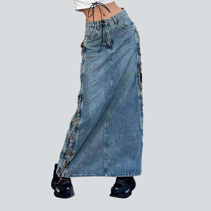 Welcome the 2023 Spring-Summer Collection with our Y2K-flair jeans skirt—an unforgettable blend of modern-day glam and vintage allure! It features a high-waist silhouette. zipper & button closure. and side drawstrings for a personal touch. Crafted with luxe denim. it's a must-have for your summer wardrobe.Distinctive Features Y2K Style: Enjoy a timeless look inspired by vintage fashion. complete with side drawstrings for a personal touch. Embroidered Detailing: Luxury is in the details. and this Denim Blue Jeans With Drawstring For Spring, Mid-rise Jeans With Drawstring For Spring, Trendy Summer Jeans With Drawstring, Spring Mid-rise Jeans With Drawstring, High Waist Denim Bottoms With Drawstring, Spring Denim Bottoms With Drawstring, Spring Denim Drawstring Bottoms, Trendy Drawstring Skirt For Spring, Trendy Denim Blue Drawstring Bottoms