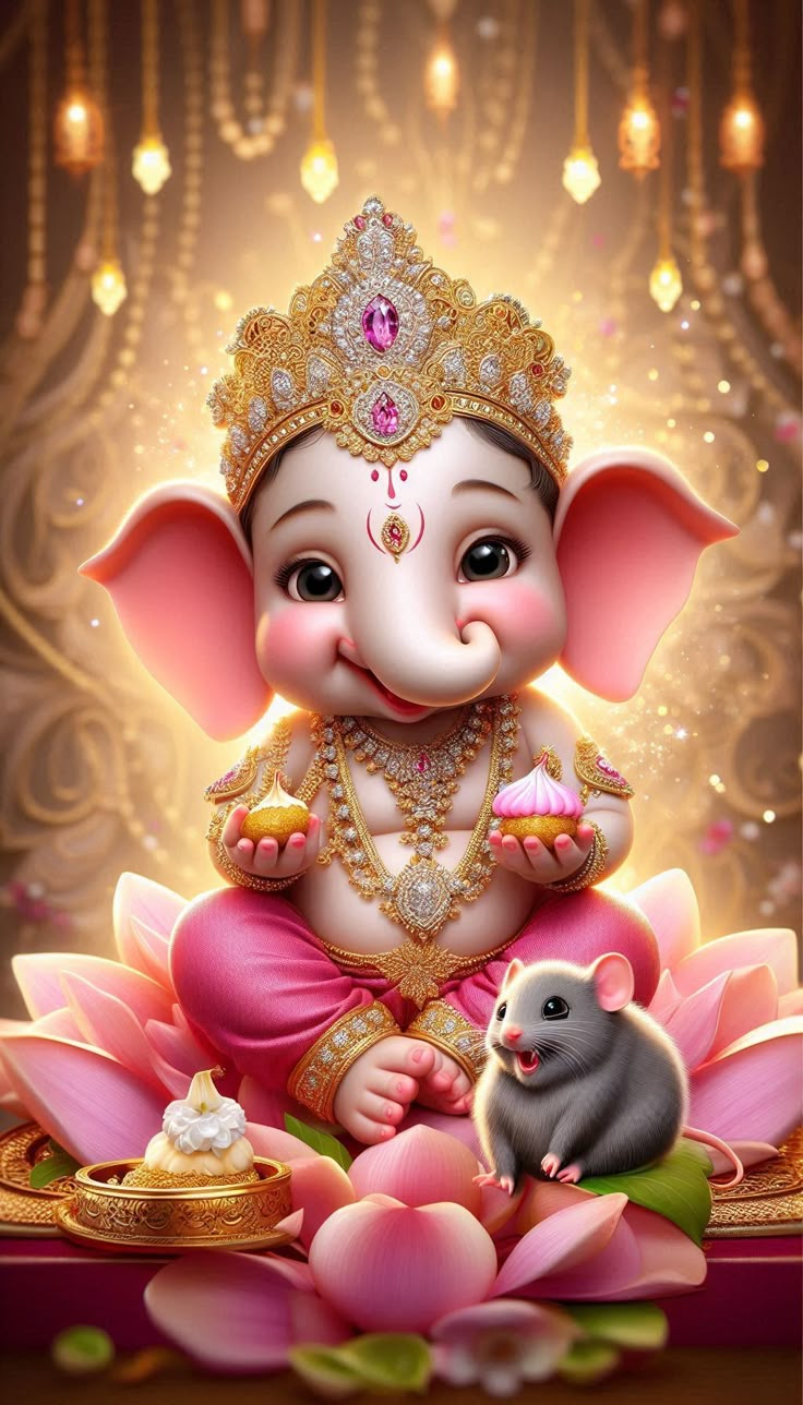 an elephant sitting on top of a pink flower next to a small rat in front of it