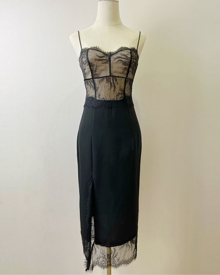 Black Lace French Style Midi Slip Dress Black Silk Lace Dress, Black Lace Dress With Delicate Details, Luxury Black Delicate Lace Dress, Black Lace Trim Midi Slip Dress, Luxury Black Lace Slip Dress, Going Out Looks, Midi Slip Dress, Lace Dress Black, All Black Outfit