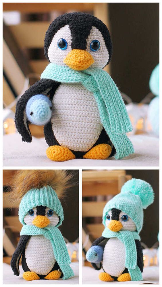 two pictures of a stuffed penguin wearing a knitted hat and scarf