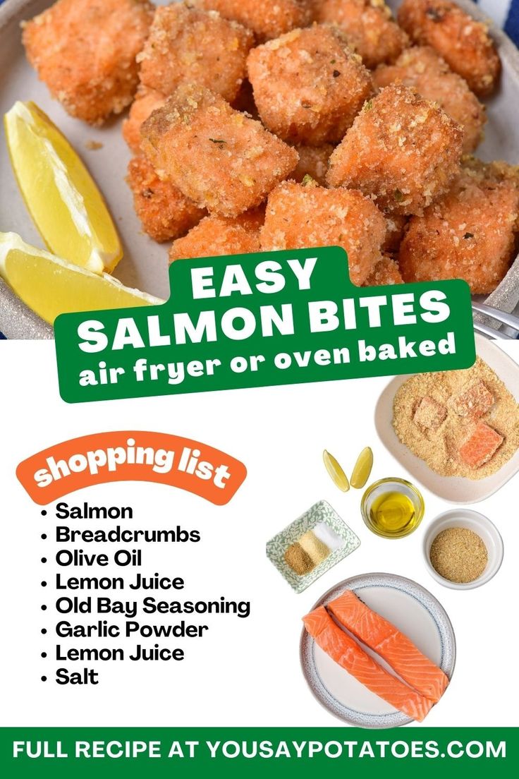 Pile of salmon bites and list of ingredients. Breaded Salmon Bites Air Fryer, Breaded Salmon Bites, Baked Salmon Bites Recipes Oven, Oven Baked Salmon Bites, Salmon Cubes Recipe, Salmon Bites Oven, Air Fry Salmon Bites, Easy Salmon Bites, Baked Salmon Bites