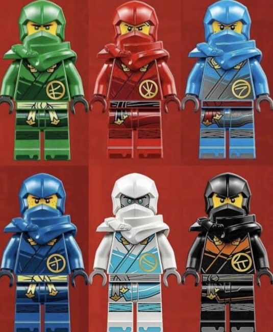 four lego ninjas are shown in different colors