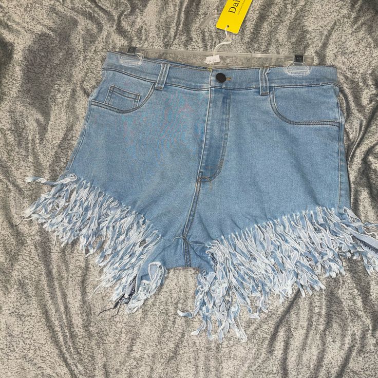 Jean Shorts Never Worn New Blue Frayed Hem Shorts, Blue Summer Pants With Frayed Hem, Blue Pants With Frayed Hem For Summer, Blue Cutoff Pants For Spring, Blue Bottoms With Frayed Hem For Spring, Light Blue High Rise Bottoms With Frayed Hem, Light Blue Bottoms With Frayed Hem For Summer, High Rise Light Blue Bottoms With Frayed Hem, Summer Light Blue Bottoms With Frayed Hem