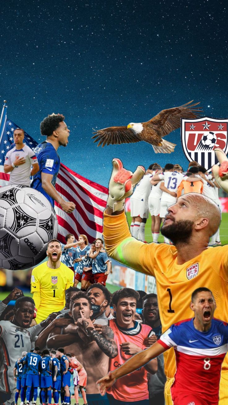 a collage of soccer players with flags and american flag in the backgroud