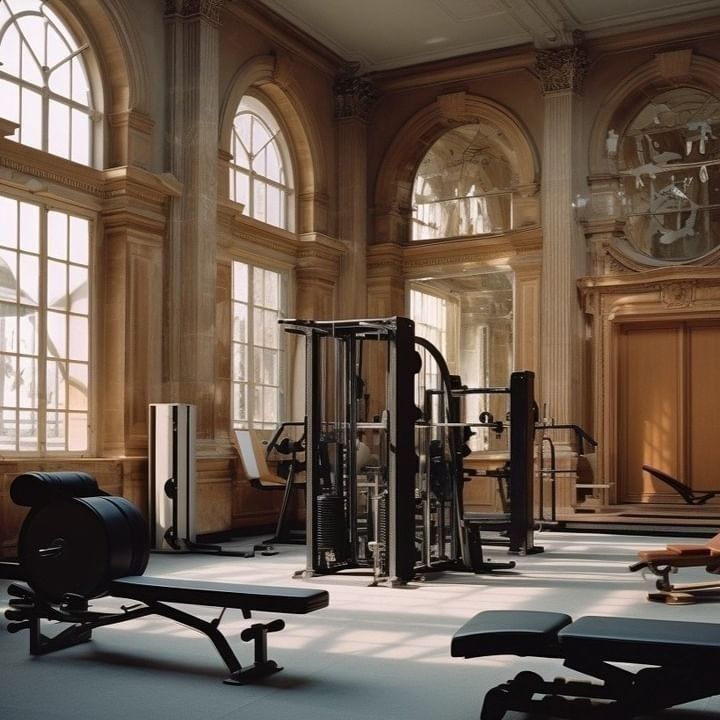 an empty gym room with benches and exercise equipment in front of large windowed windows