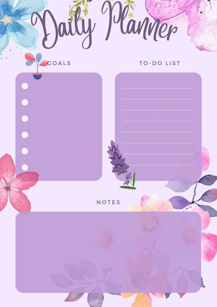 a daily planner with flowers and leaves on the side, in pastel purple tones