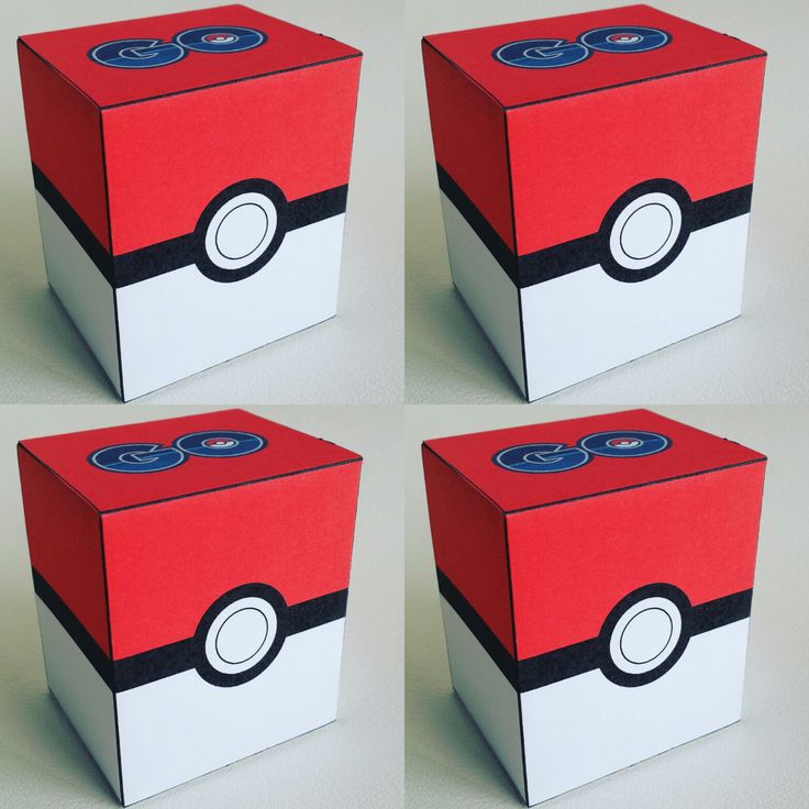 four red and white boxes with pokeballs on them