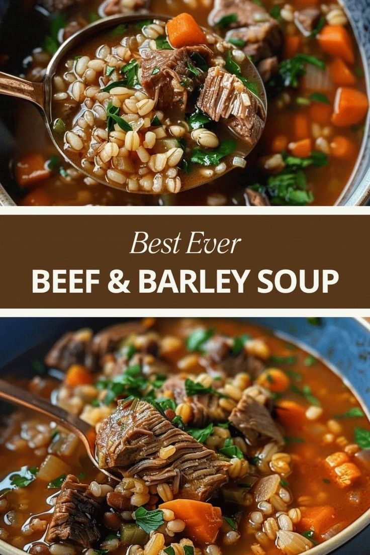 beef barley soup with carrots and parsley in a bowl