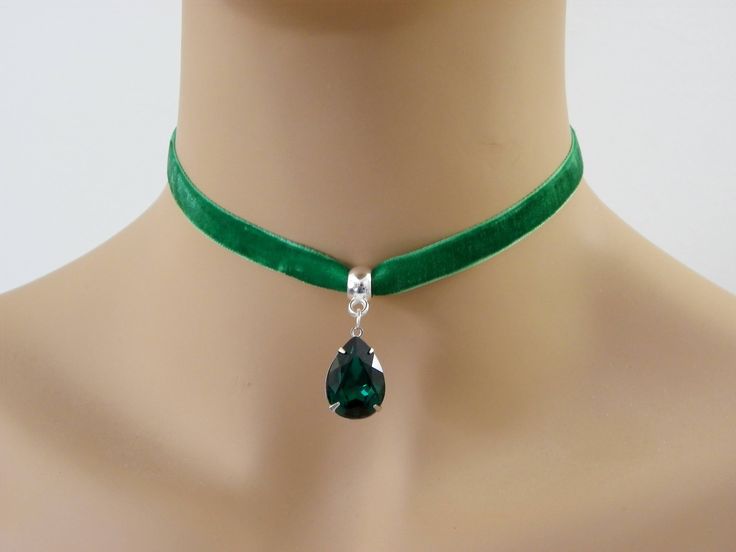 "Green velvet choker, BLACK Velvet Choker, Green Daily Choker, Emerald earrings, Trendy Stylish Choker, Green coral, Black coral necklace. Black velvet choker with Swarovski Crystal pear shaped stones in Emerald pendent. The necklace is 10mm wide in black or green velvet color. the total length of the black band is 12\" and there is 2\" silver plated extension chain. with the clasp and 2 jump rings on both sides , the necklace will close at 12 1/2\" as a shortest length. The earrings is 1 1/2\" Black Velvet Choker Necklace, Trendy Chokers, Velvet Choker Necklaces, Ribbon Choker, Choker Black, Black Velvet Choker, Dragon Earrings, Black Choker Necklace, Black Coral