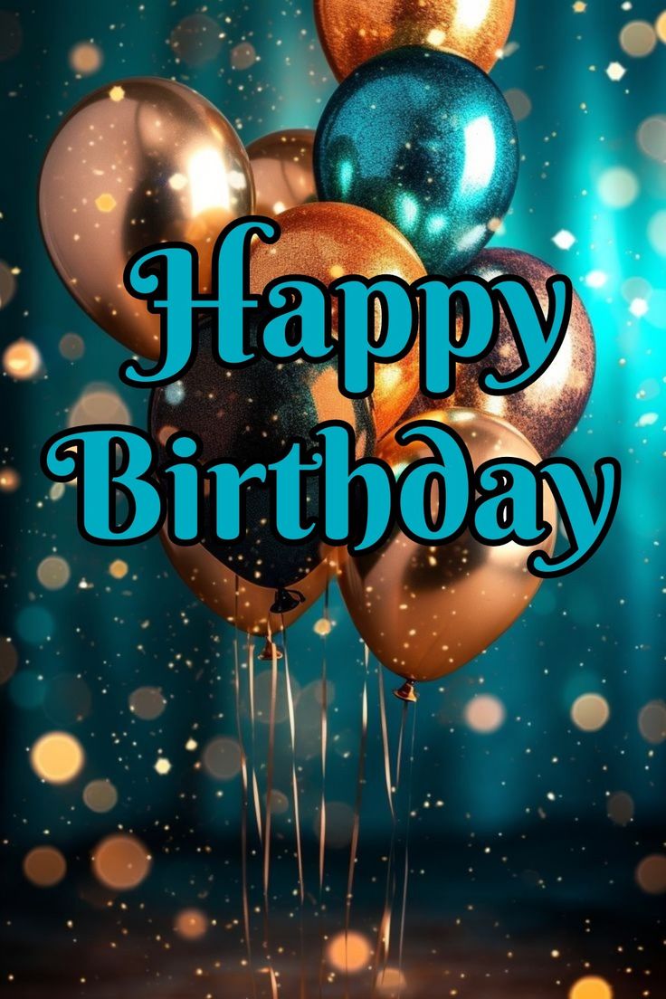 a happy birthday card with balloons and confetti in the air on a blue background