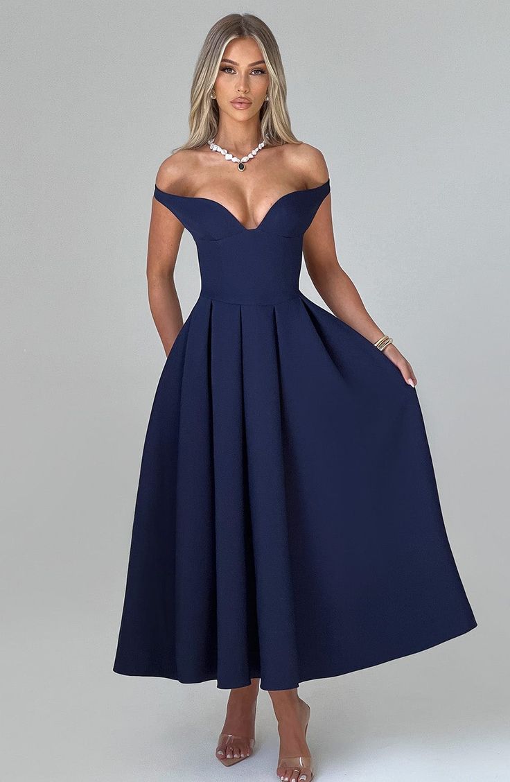 Lanetta Midi Dress - Navy Box Pleated Skirt, Split Long Dress, Casual Sundress, Bardot Neckline, Box Pleat Skirt, Off Shoulder Dresses, Midi Dress Style, Maxi Dress Sale, Soft Glam