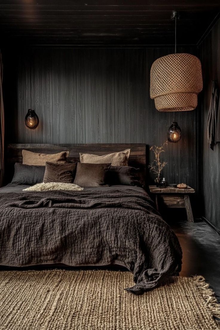 a bed with pillows and blankets in a room