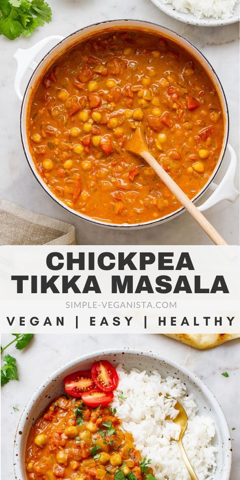 chickpea tikka masala in a bowl with rice and garnishes