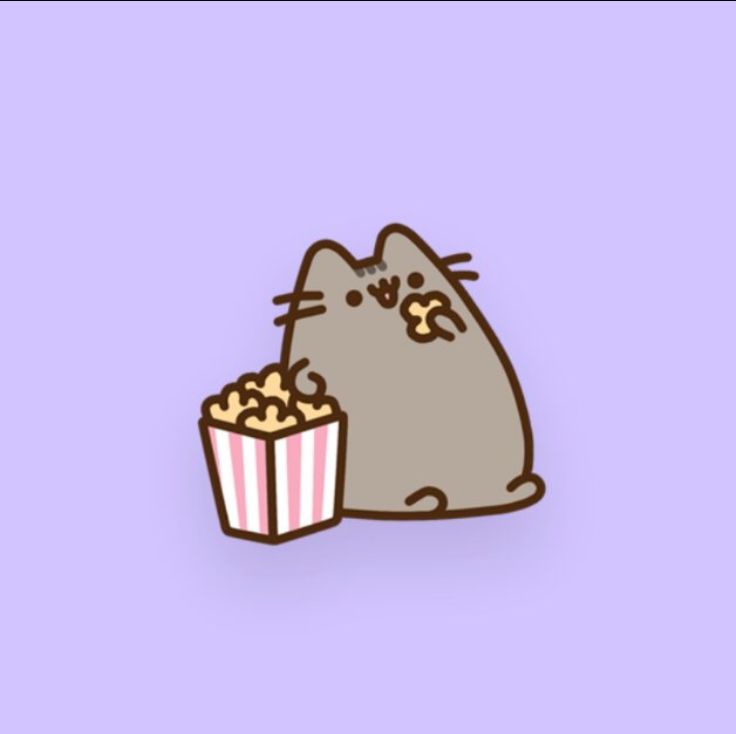 a gray cat eating popcorn from a pink striped box on a purple background with the caption's name