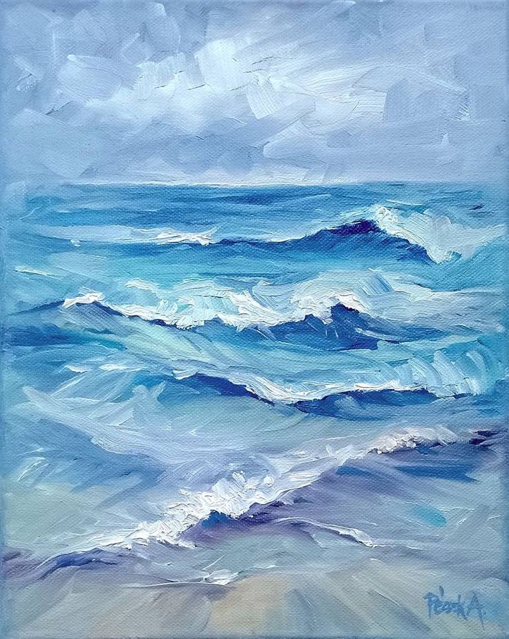 an oil painting of waves crashing on the beach