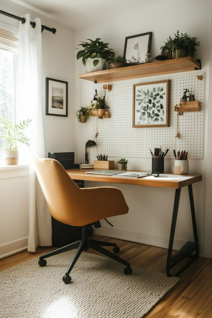 Workspace In Living Room Small Spaces, Small Office Room Design Ideas, Small At Home Office Space, Workspace Inspiration Office, Bedroom With Workspace Ideas, Wall Decor For Home Office, Wall Shelf Ideas Bedroom Small Spaces, Wfh Background Ideas, Cute Work Office Ideas