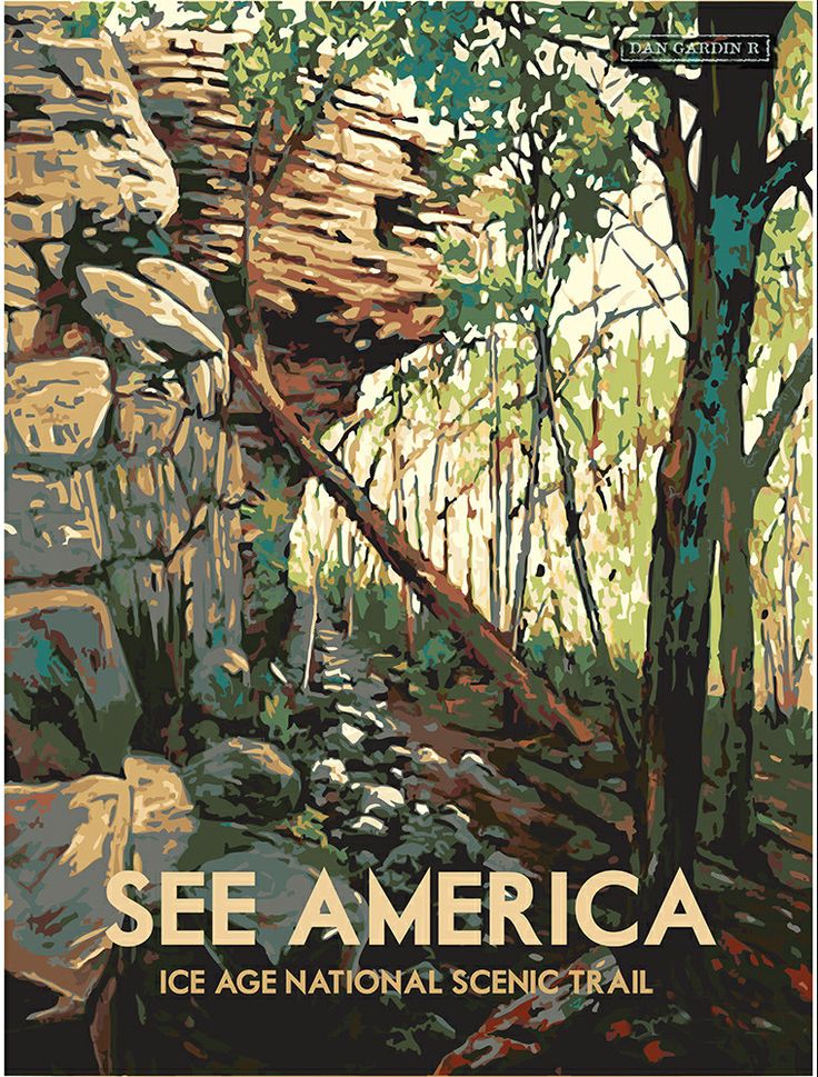 an image of the poster for see america ice age national scenic trail, with trees and rocks