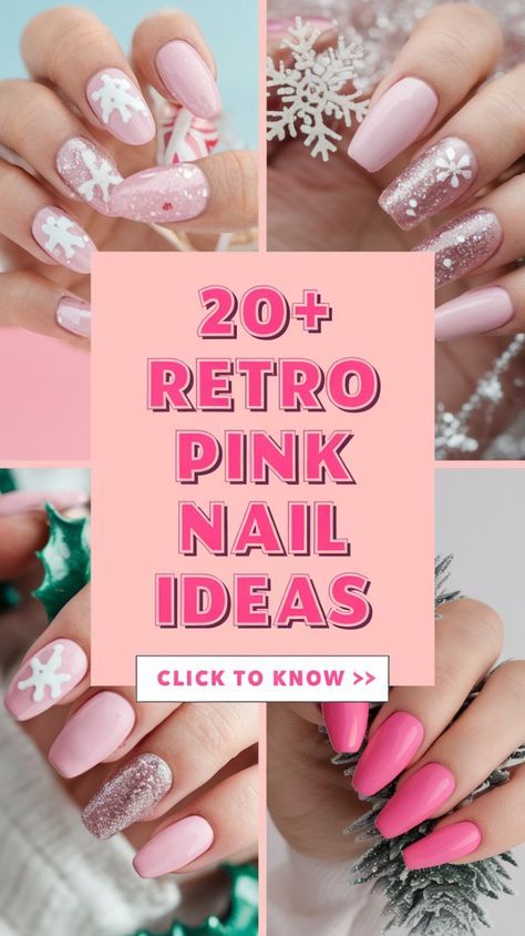 Fun Pink Nail Designs, Retro Nail Art Vintage, Retro Christmas Nails, Pink Holiday Nails, Pink Christmas Nail Designs, Pink Christmas Nail, Xmas Nail Designs, Vintage Pink Christmas, Pop Art Nails