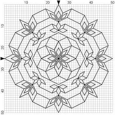 a drawing of a circular design on graph paper with lines in the shape of leaves