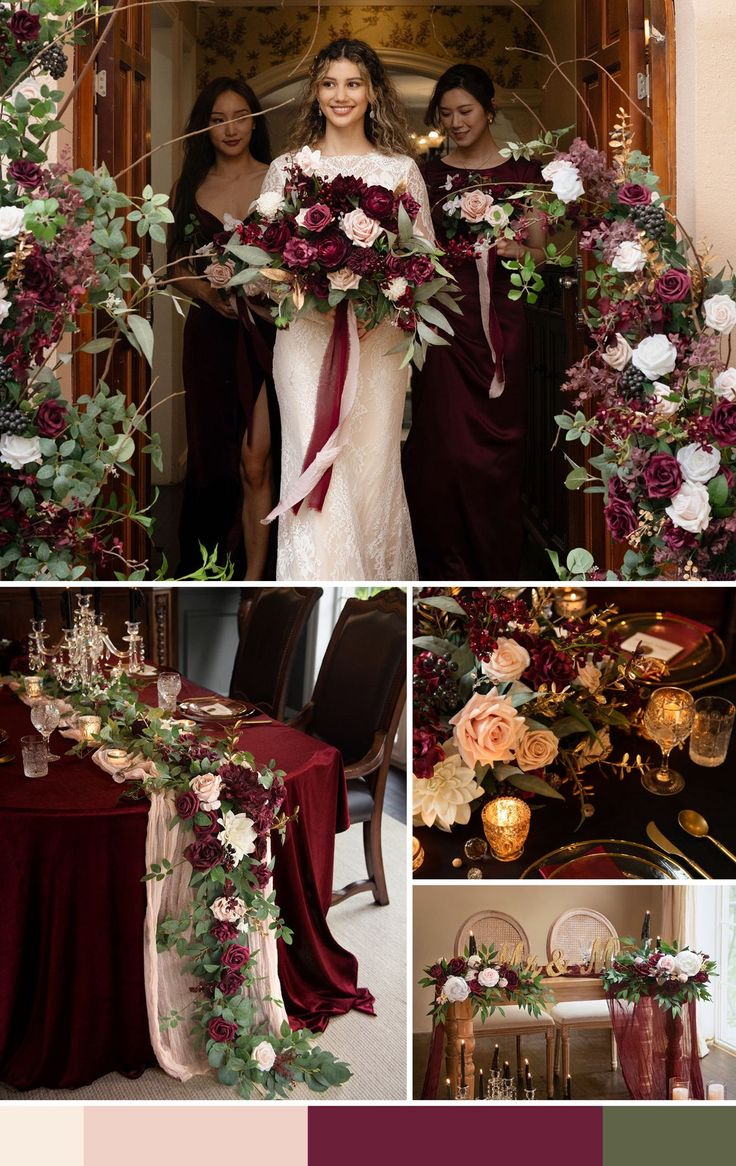 the bride and her bridals are all dressed in burgundy