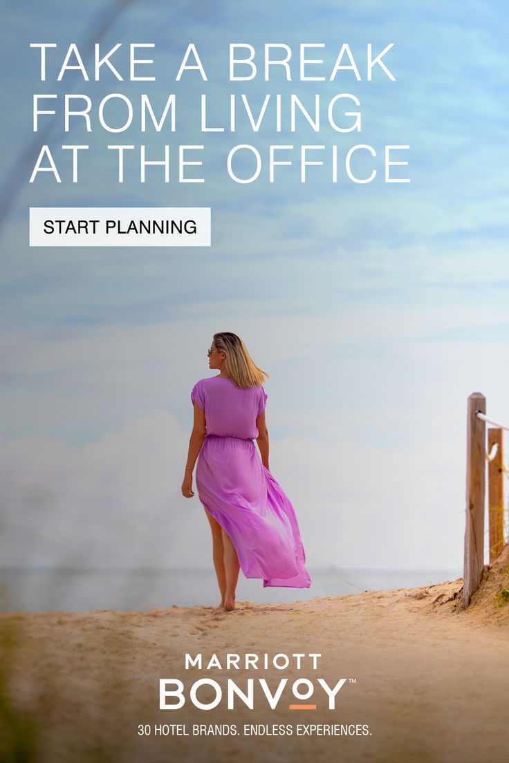 a woman in a pink dress walking on the beach with text that reads, take a break from living at the office start planning