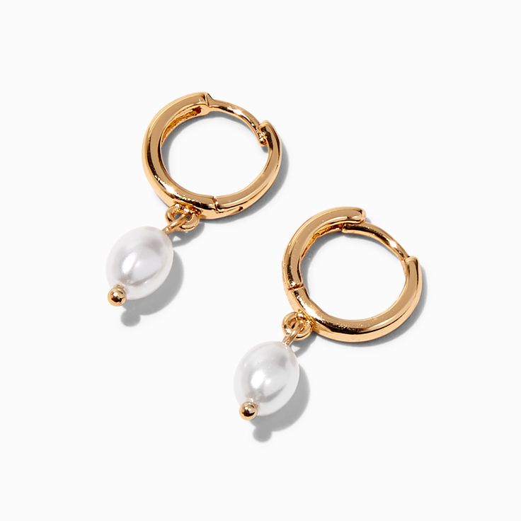 Claire's Gold 10MM Pearl Huggie Hoop Earrings Gold Hoop Earrings Pearl, Gold Hoops With Pearls, Cute Pearl Earrings, Claire’s Earrings, Capsule Wardrobe Jewelry, Bday Wishlist, Coastal Jewelry, Small Gold Hoop Earrings, Small Gold Hoops