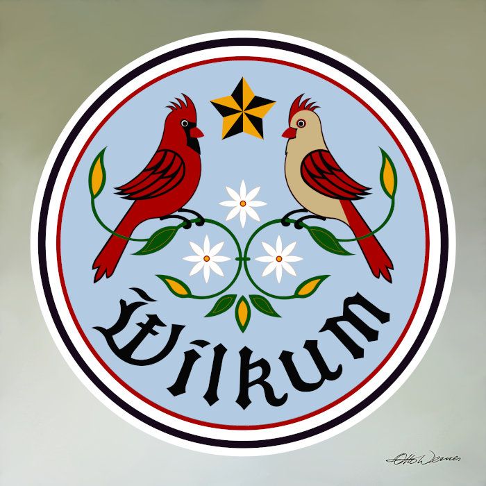 a round sticker with two birds and the word belirn written below it