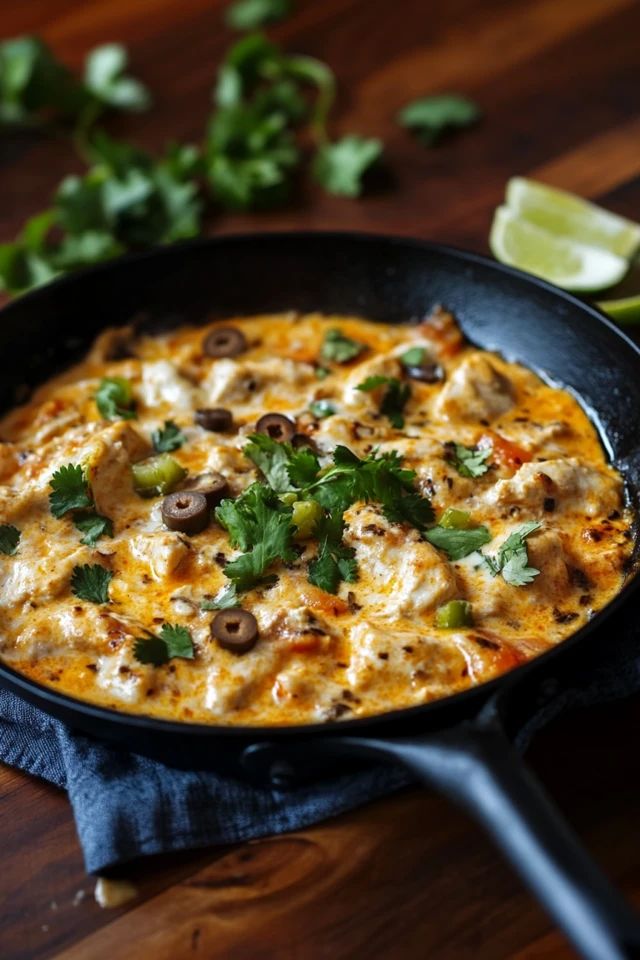 a skillet filled with food sitting on top of a wooden table next to cilantro