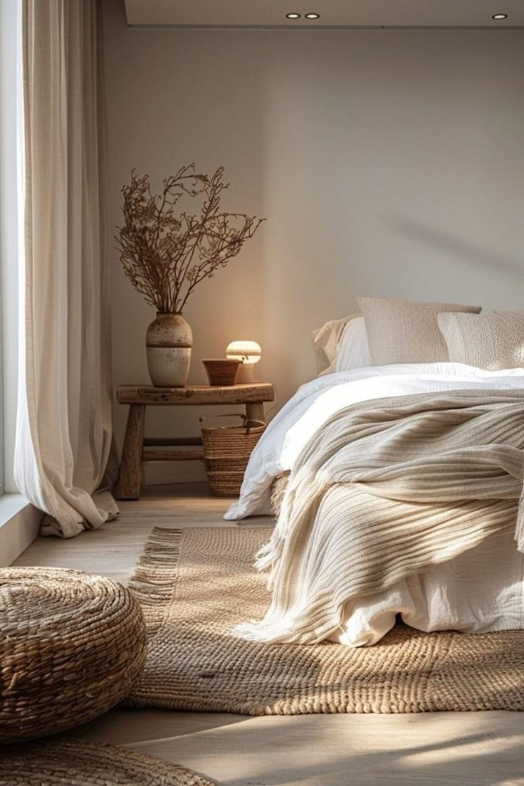 a white bed sitting in a bedroom next to a window with sunlight streaming through it