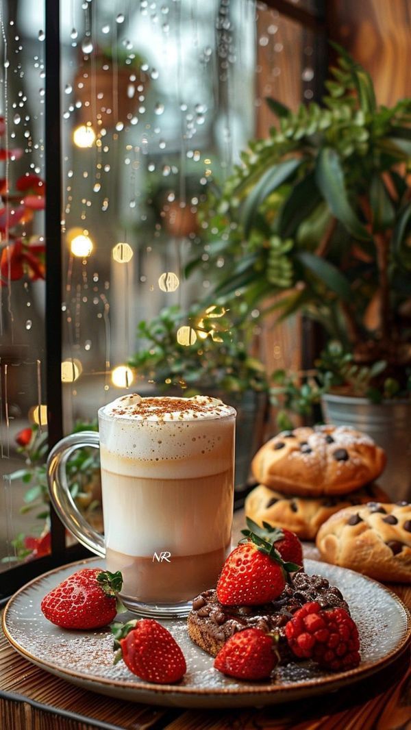 a cup of cappuccino and some strawberries on a plate with cookies