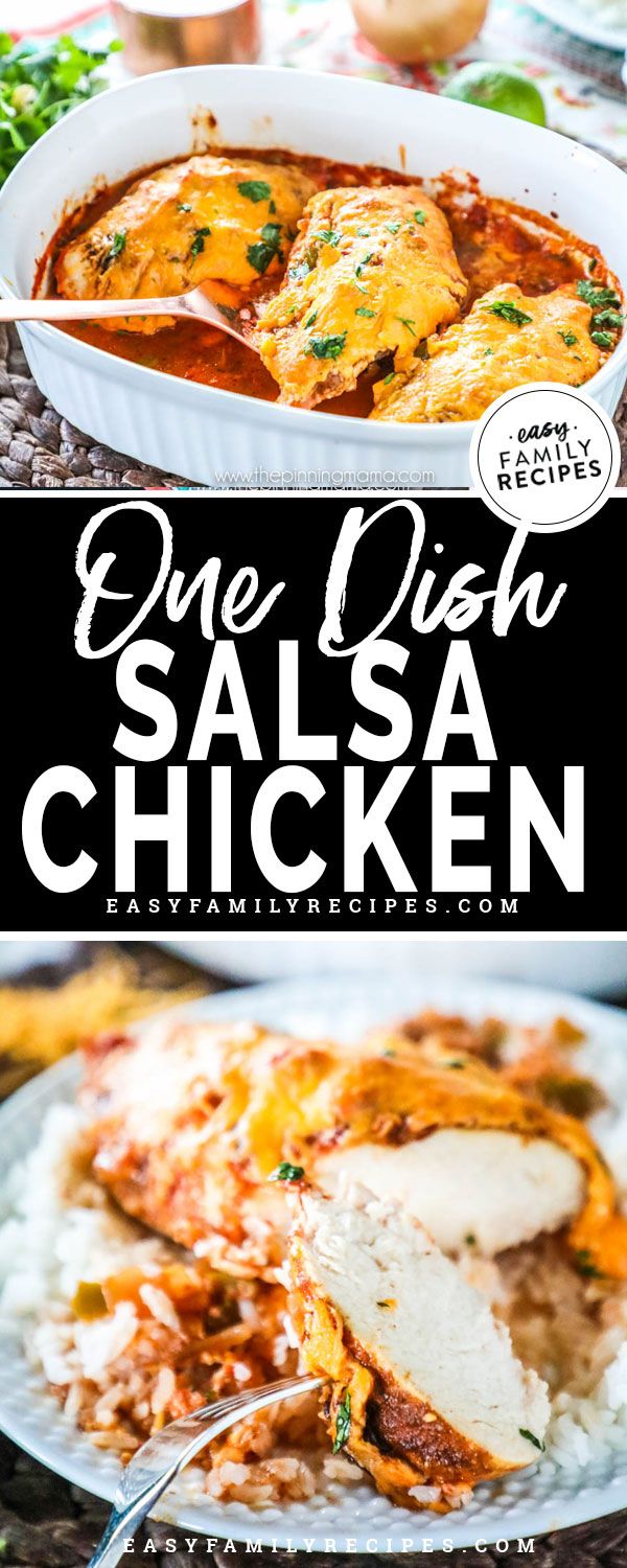 one dish salsa chicken is served in a white casserole and garnished with parmesan cheese