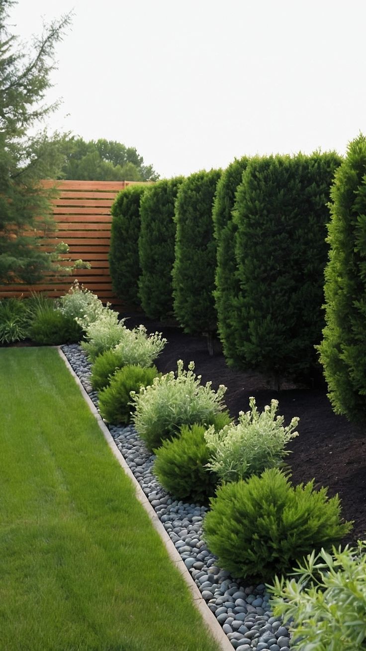 a long row of bushes in the middle of a yard