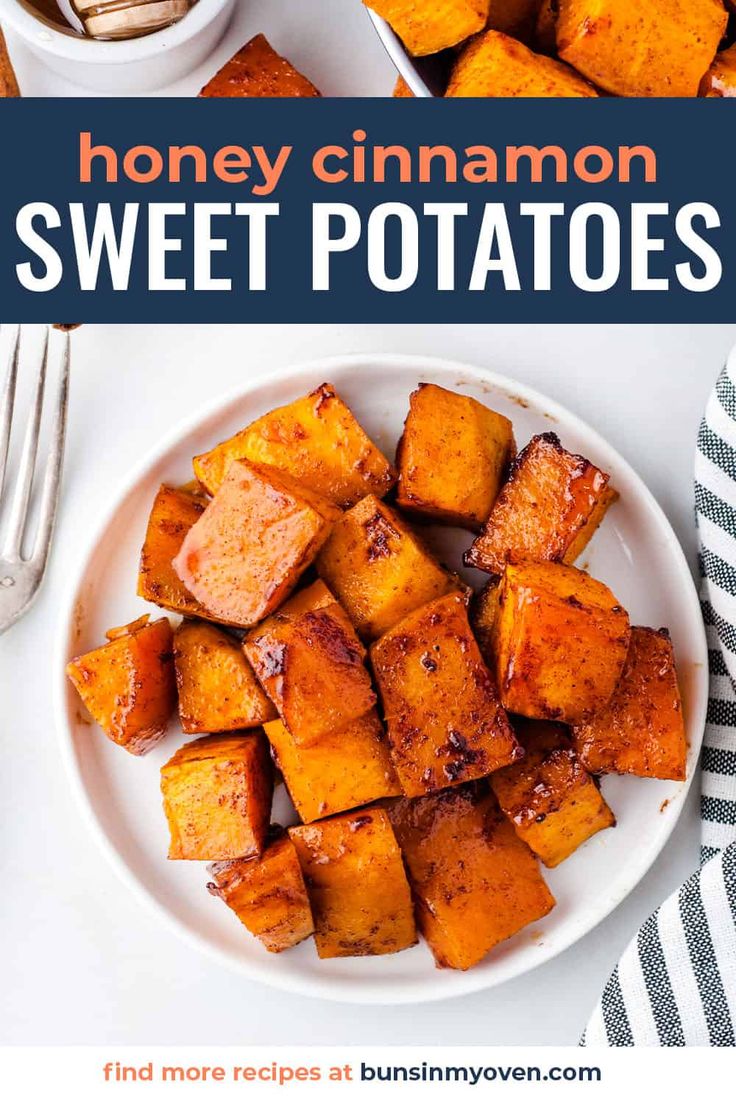 honey cinnamon sweet potatoes on a white plate