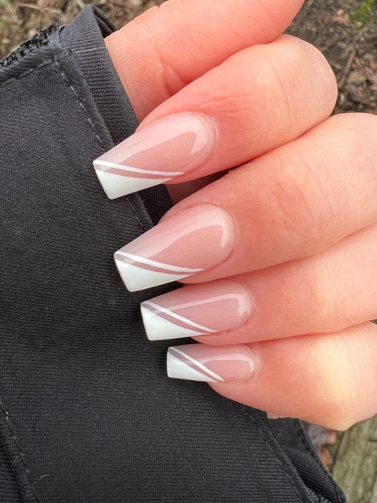 Square White Tip Nails With Design, Diaganol French Tip Nails, Acrylic Nail Designs French Tip White, White Acrylic Nail Designs Coffin, Half White Tip Nails, Corner Tip Nails, Slanted White Tip Nails, Square Nails With White Lines, Diagonal French Tip Nails Coffin