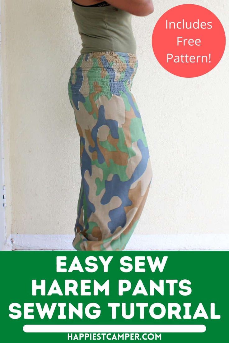 a woman standing in front of a wall with her hands on her hips and the text easy sew harem pants sewing pattern