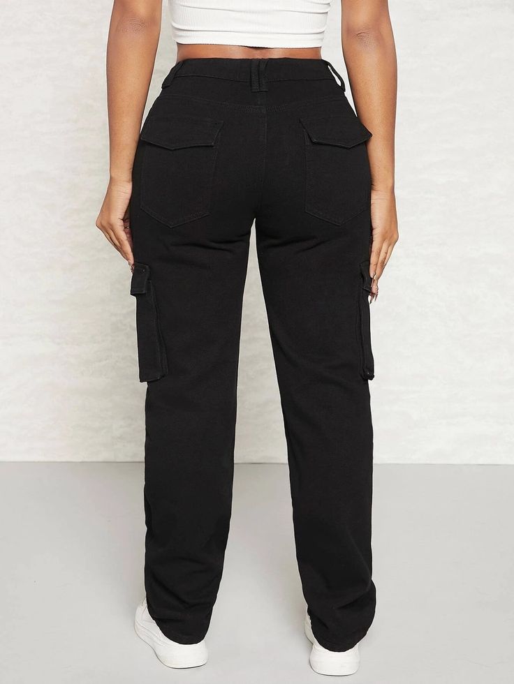 This Multi-Pocket Side Cargo Jeans is the perfect combination of style and functionality. These cargo pants feature an elastic waist, a high waistline, and a regular fit for comfort and ease of movement. With belt, button, knot, pocket, and zipper details, you'll have ample storage space for your essentials. Made of viscose fabric, these non-stretch jeans are durable and easy to care for. Details: Type: Cargo Pants Closure Type: Elastic Waist Details: Belted, Button, Knot, Pocket, Zipper Waist L Black Tapered Leg Cargo Jeans With Pockets, Baggy Cargo Jeans With Side Pockets For Workwear, High Rise Pants With Flap Pockets For Work, Black Utility Cargo Jeans With Flap Pockets, Black High-waisted Utility Cargo Jeans, Black High-waisted Cargo Pants With Multiple Pockets, Solid Color Straight Leg Cargo Pants With Belt Loops, High-waisted Black Cargo Pants With Multiple Pockets, Solid Straight Leg Cargo Pants With Belt Loops