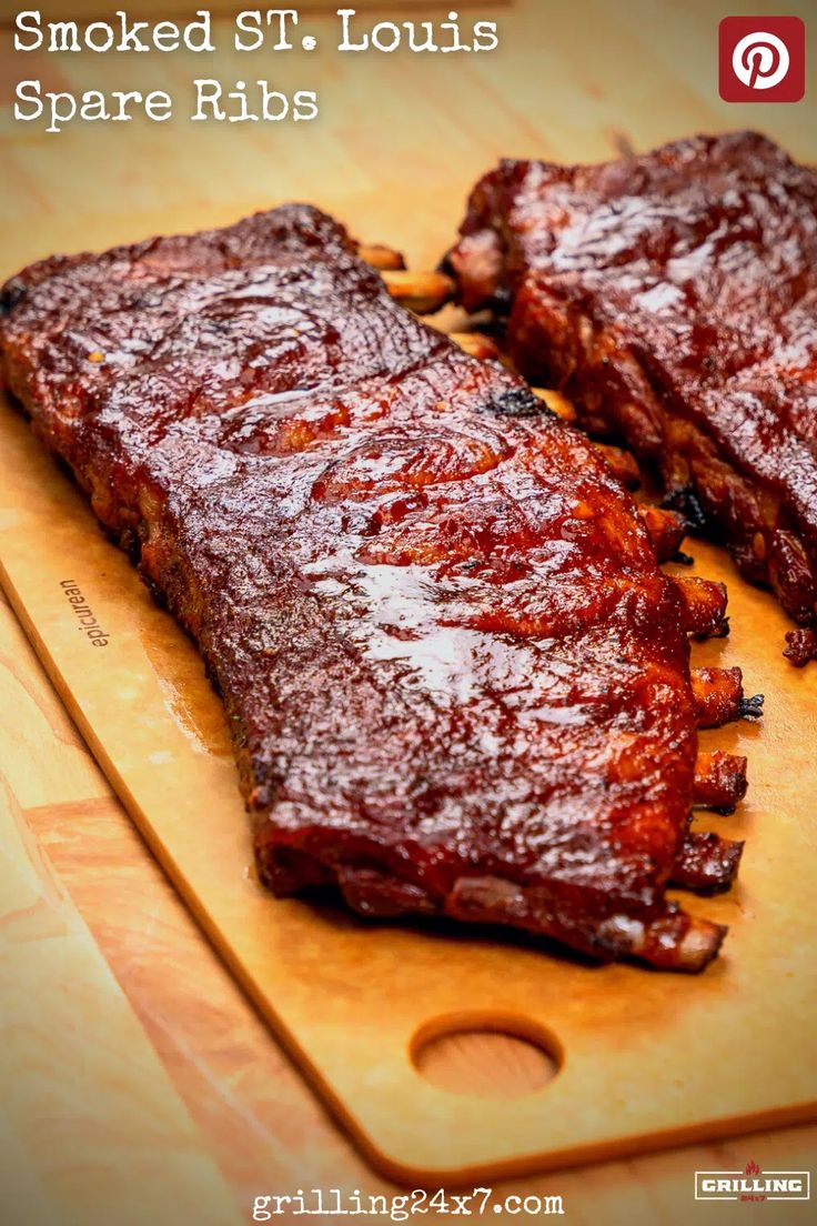 two barbecue ribs on a cutting board with the words smoked st louis spare ribs