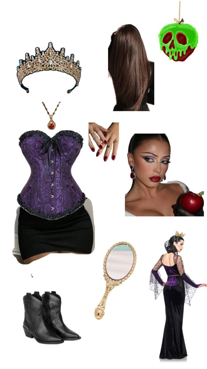 a collage of different items including a corset, shoes and an apple