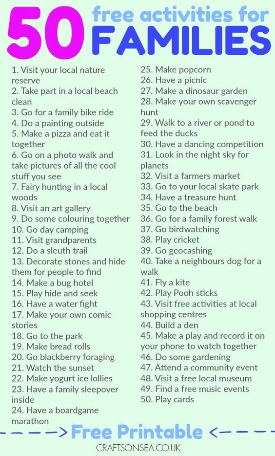 the 50 free activities for families to do in their home or office, with text overlay