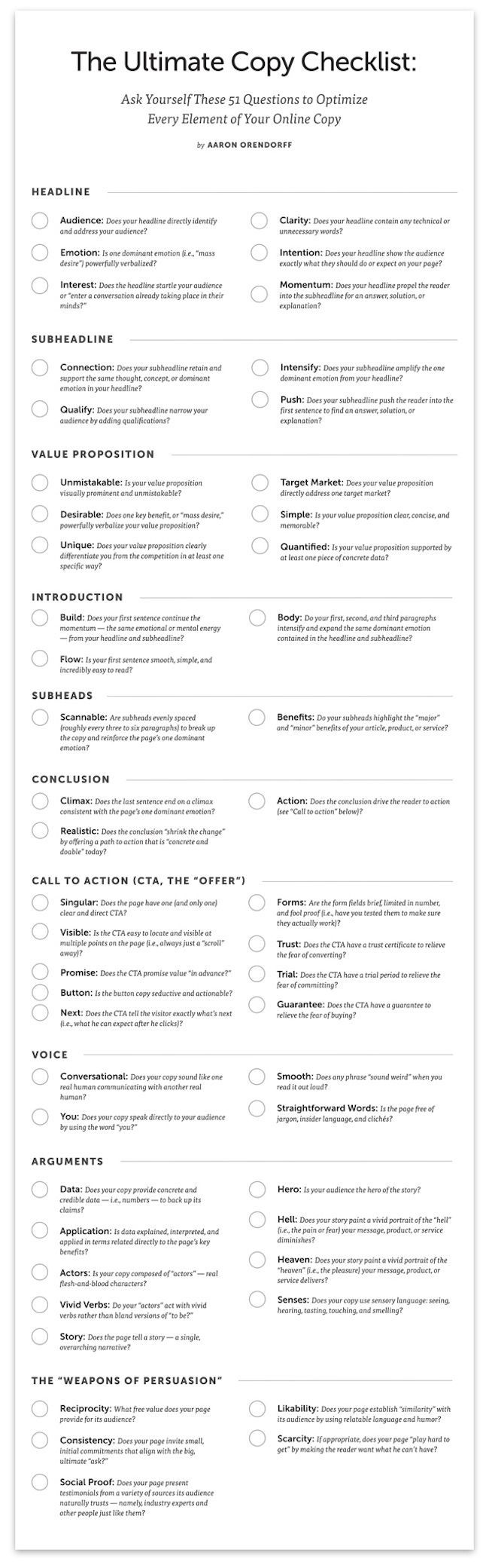 the ultimate copy checklist for wordpress is shown in black and white, with text below