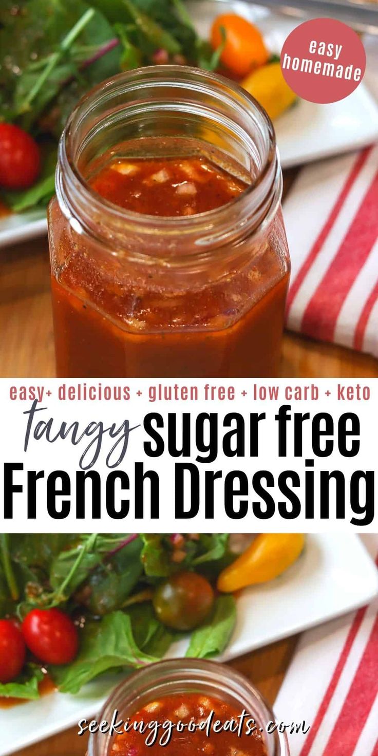 a jar of sugar free french dressing next to a plate of salad greens and tomatoes