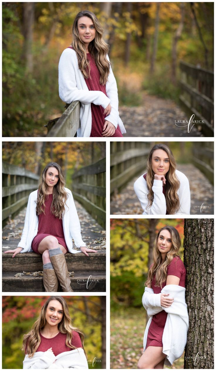 a woman sitting on top of a wooden bench in front of a tree and wearing boots